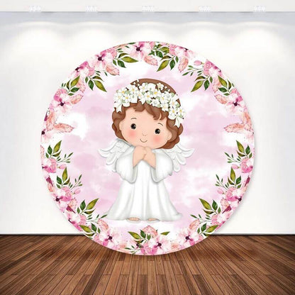Couverture de toile de fond ronde pour baptême de fille, fleur florale rose, ange, fête