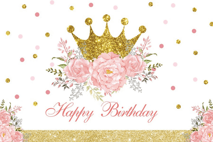 Décor de fête d'anniversaire à fleurs roses, décor de fond de photographie de fête prénatale avec couronne dorée pour fille