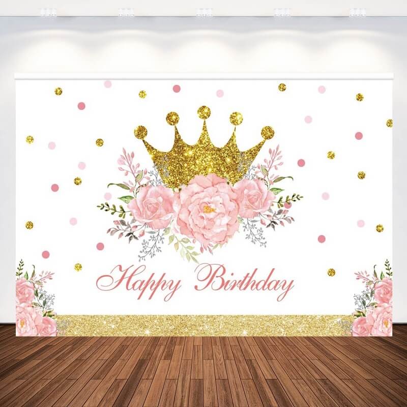 Ružičaste cvjetne pozadine za rođendanske zabave za djevojčice Zlatna kruna Baby Shower Dekoracija pozadinske fotografije