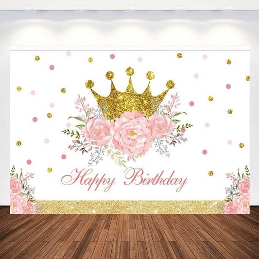 Pink Floral Birthday Party Backdrops For Girl Gold Crown Baby Shower Photography Background Decor