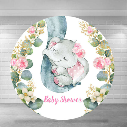 Pink Floral Cute Elephant Girl Baby Shower Round Backdrop