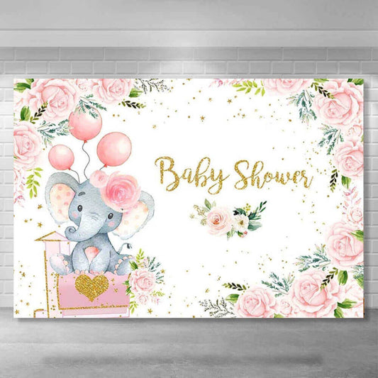 Elefánt baba zuhany háttér rózsaszín virágos lány születésnapi party fotózás háttér