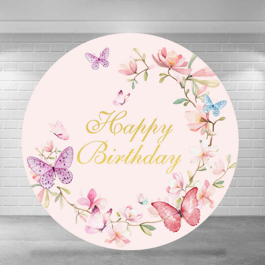 Pink Flowers Butterfly Girls Happy Birthday Round Backdrop Cover