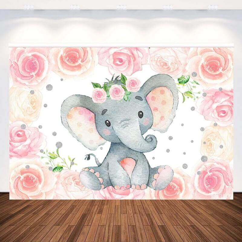 Pink Flowers Photography Banner Elephant Cartoon Dumbo Baby Shower Custom Photo Studio Backdrop