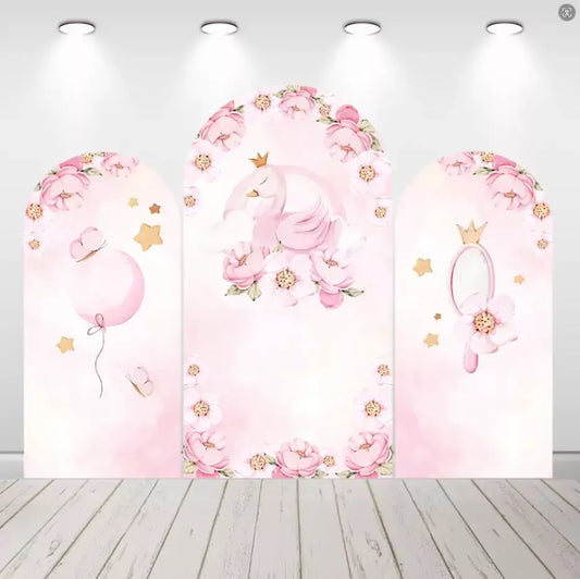 Rosa blomster Swan Baby Shower Nyfødt Arch Bakteppe Cover