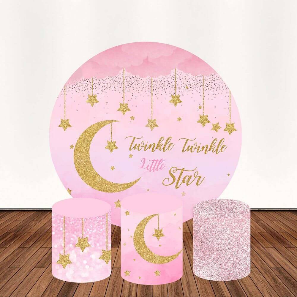 Pink Gold Twinkle Little Stars Baby Girl Birthday Round Backdrop