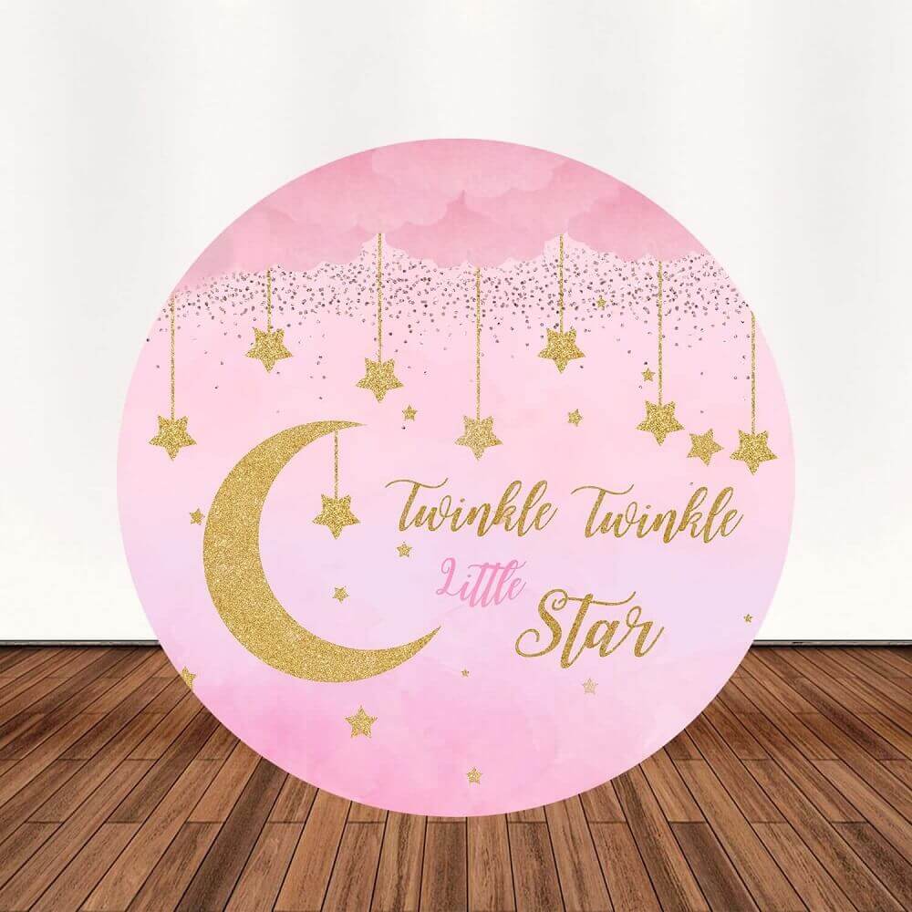Pink Gold Twinkle Little Stars Baby Girl Birthday Round Backdrop