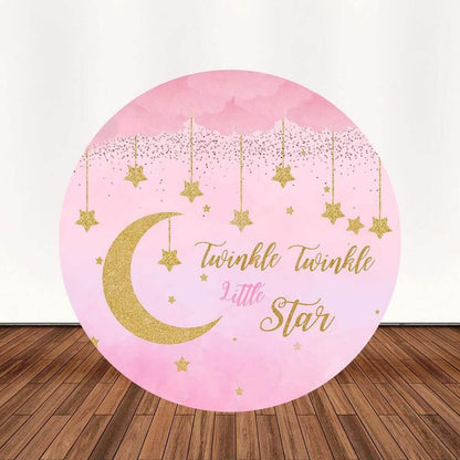 Pink Gold Twinkle Little Stars Baby Girl Birthday Round Backdrop Party