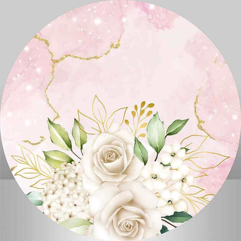 Festa nuziale floreale in marmo rosa e festa sullo sfondo rotondo del matrimonio