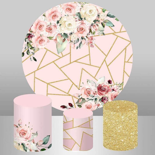Rózsaszín márvány és virágok babazuhany vagy esküvői kerek háttérparti
