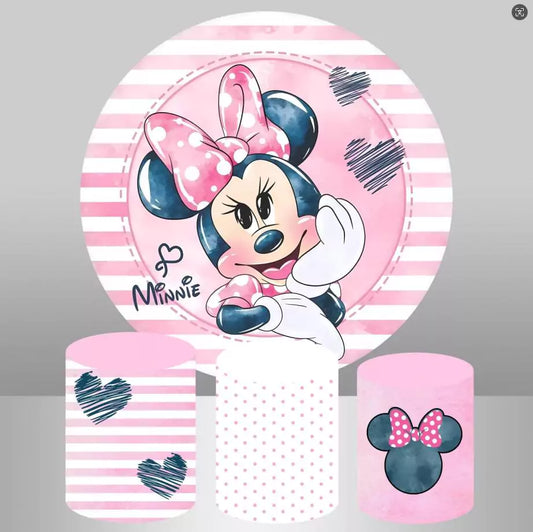 Fondo redondo de cumpleaños para niñas de Pink Mouse y 3 cubiertas cilíndricas