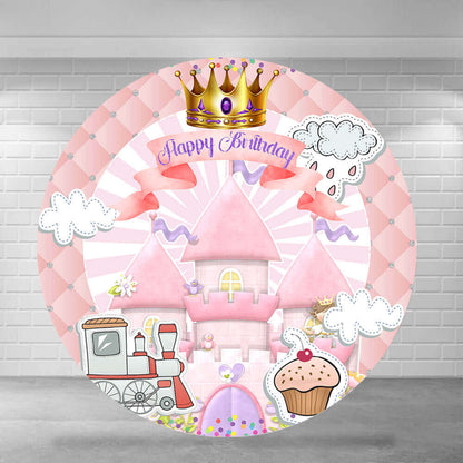 Pink Princess Cartoon Castle Crown Girls Happy Birthday Round Backdrop