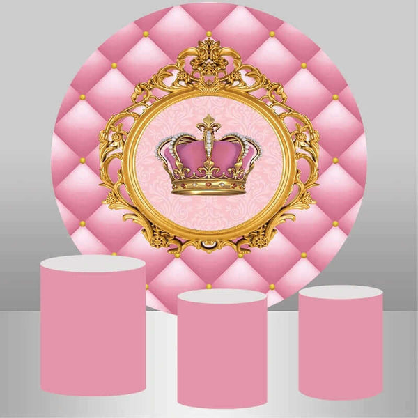 Girls Gold Crown Round Pink Birthday Party Backdrop Kit main image 1