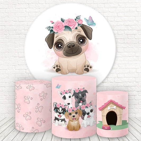 Pink Puppy Flowers Birthday Party Round Backdrop