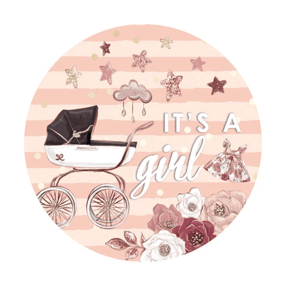Its A Girl Baby Carriage Pink Stripe Baby Shower Round Backdrop