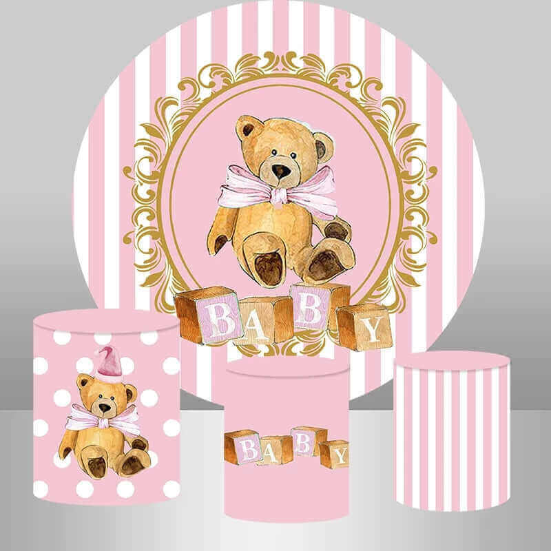 Pink Striped Bear Girls Baby Shower Round Backdrop Cover