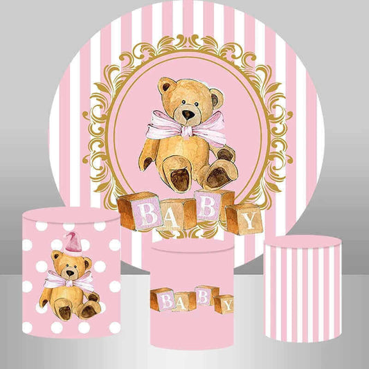 Pink Striped Bear Girls Baby Shower Round Backdrop Cover Party