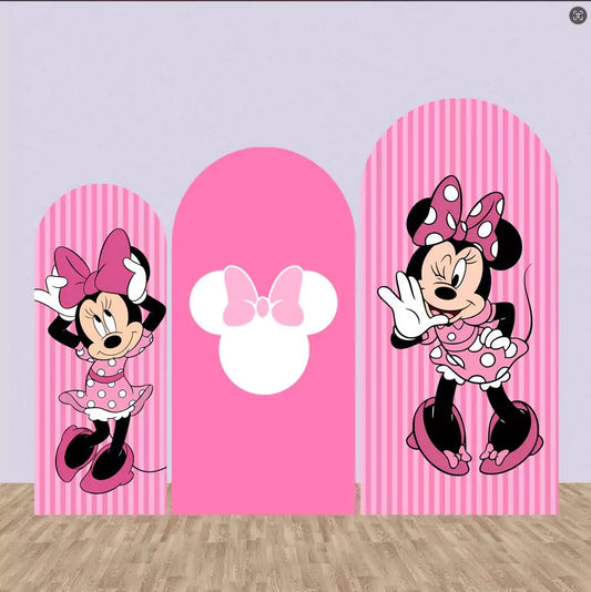 Sfondo ad arco per baby shower per compleanno di ragazze con topo a strisce rosa