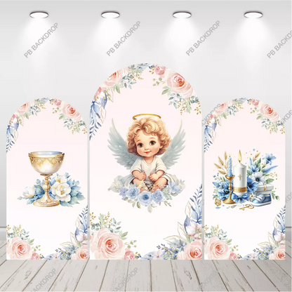 Pink Watercolor Floral Baby Angel Baptism Arch Backdrop