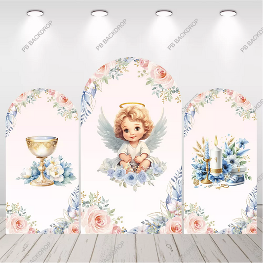 Pink Watercolor Floral Baby Angel Baptism Arch Backdrop