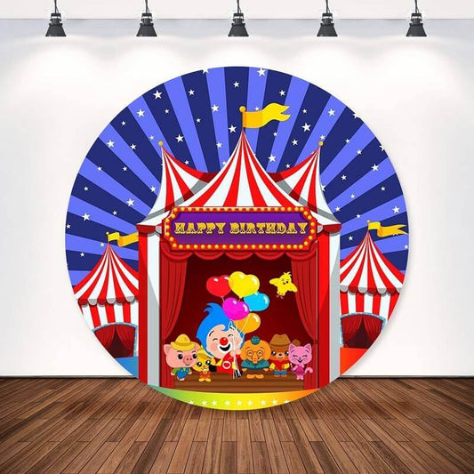Округла позадина за срећни рођендан са темом Плим Цирцус за дечију забаву