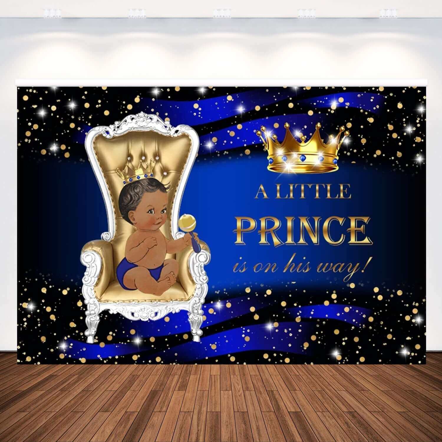 Royal Blue Prince Backdrop Gold Crown Chair Newborn Baby Shower Birthday Party Banner Photo