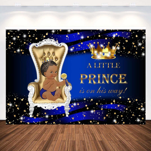 Sfondo Royal Blue Prince Corona dorata Sedia Neonato Baby Shower Festa di compleanno Banner foto