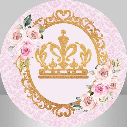 Princess Gold Crown Pink Flower Birthday Party Round Background