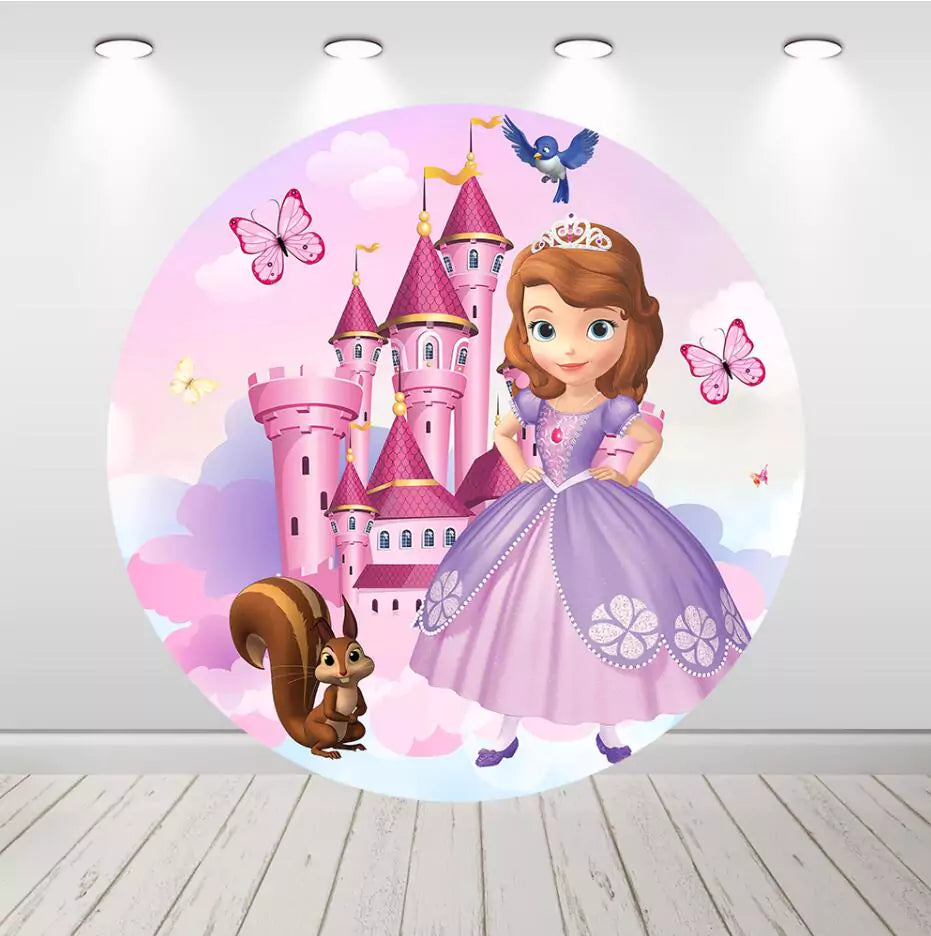 Prinses Sophia kasteel meisjes verjaardagsfeestje baby shower ronde cirkel achtergrond