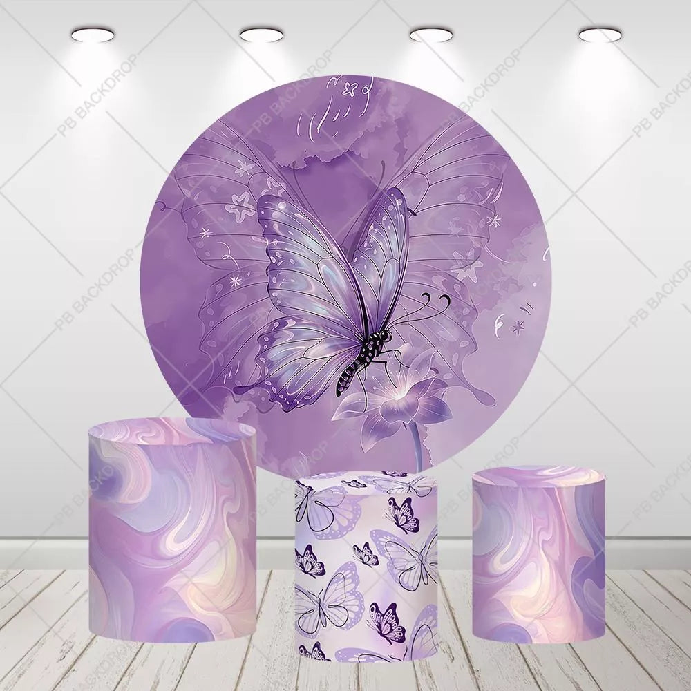 Purple Butterfly Round Backdrop Girl Birthday Baby Shower Decor