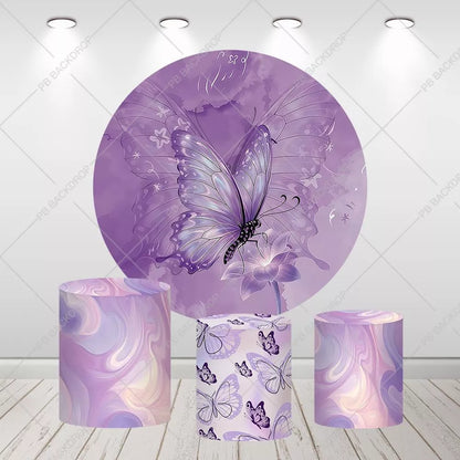 Purple Butterfly Round Backdrop Girl Birthday Baby Shower Decor