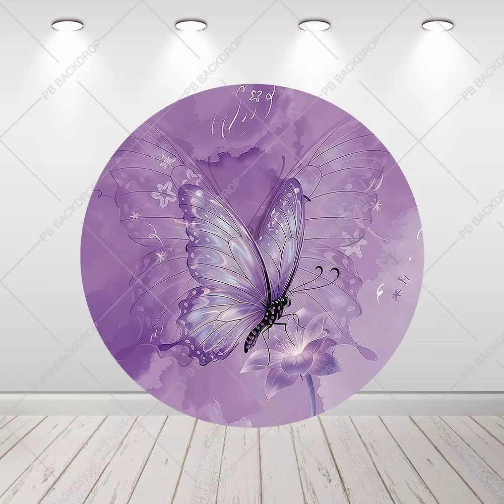 Purple Butterfly Round Backdrop Girl Birthday Baby Shower Decor