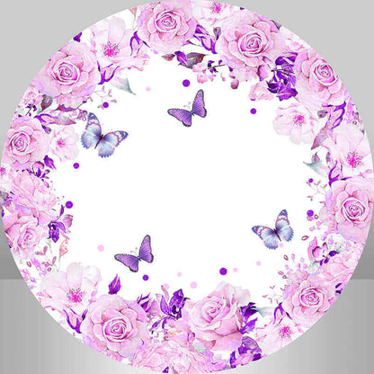 Festa con sfondo rotondo per compleanno, farfalla floreale viola, fata, principessa