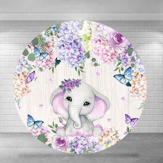 Μωβ λουλουδάτο χαριτωμένο μωρό ντους ελέφαντα πεταλούδα στρογγυλό σκηνικό