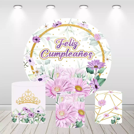 Couvertures de cylindre de toile de fond rondes pour nouveau-né, fleurs violettes, fête prénatale
