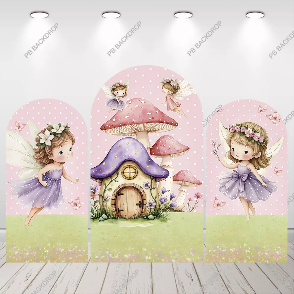 Purple Pink Fairy Mushroom Arch Backdrop Girl Birthday Party Background