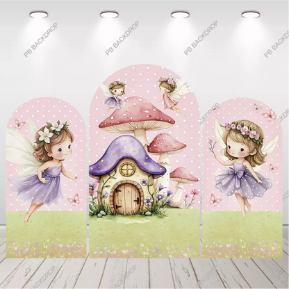 Purple Pink Fairy Mushroom Arch Backdrop Girl Birthday Party Background