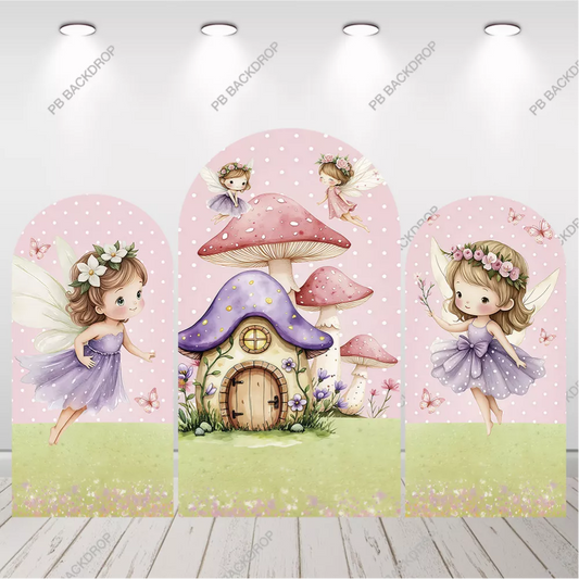 Purple Pink Fairy Mushroom Arch Backdrop Girl Birthday Party Background