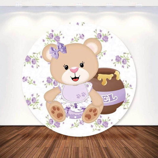 Purple Sweet Bear Baby Shower Round Backdrop Cover Party