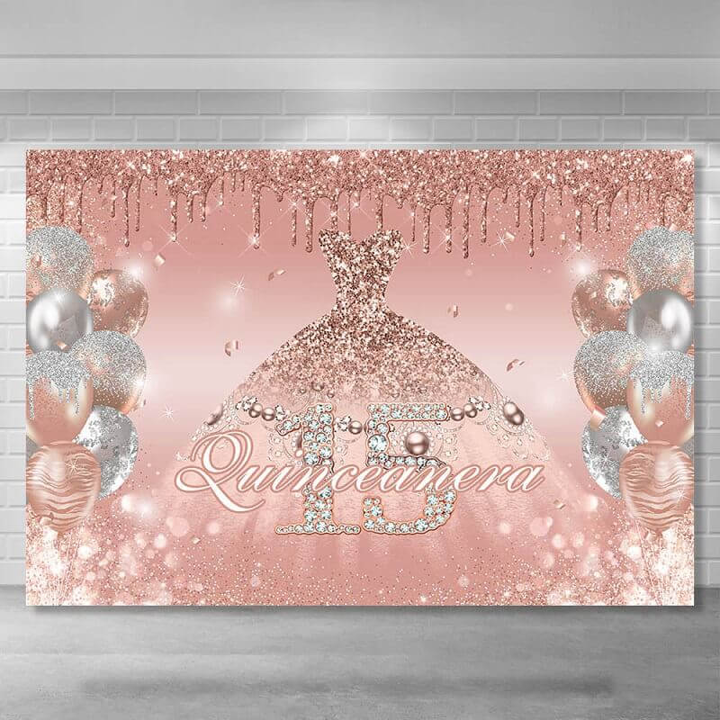 Quinceanera 15 16. hercegnő születésnapi parti hátterek édes lány rózsaszín ruha csillogó léggömb dekoráció