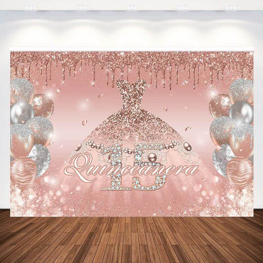 Quinceanera – arrière-plan de fête d'anniversaire princesse, robe rose pour fille douce, décor de ballons à paillettes, 15 et 16e