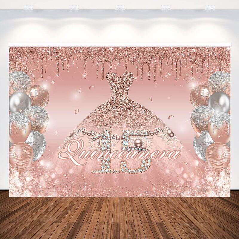Quinceanera 15 Fondali per festa di compleanno della principessa del 16esimo compleanno Ragazza dolce Abito rosa Decorazione con palloncini glitterati