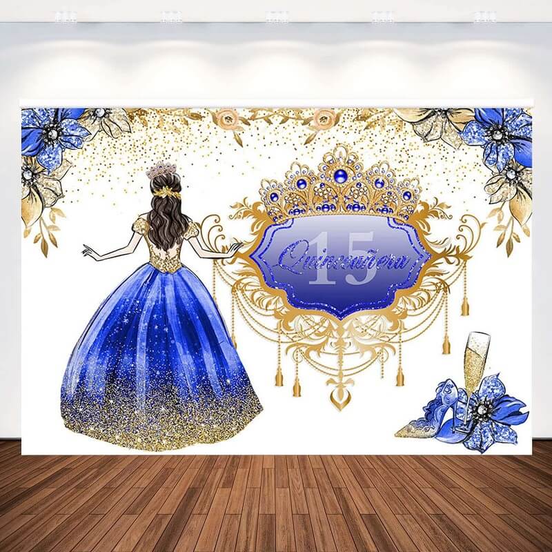 Sfondo Quinceanera Princess con glitter dorati, decorazione per la tavola della torta di compleanno della ragazza del 15esimo compleanno