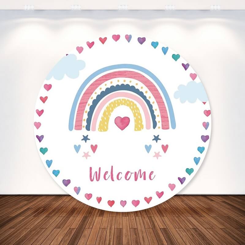 Rainbow Cloud Welcome Baby Birthday Party Round Backdrop Cover
