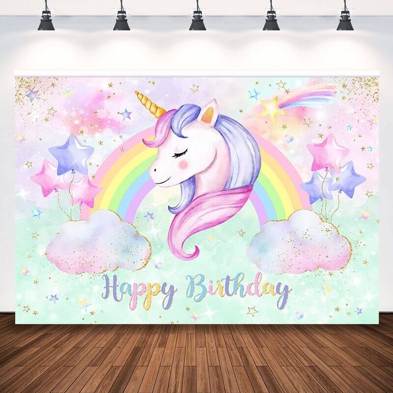 Unicorn Party Backdrop Rainbow Clouds Baby Shower Kids Birthday Photography Background