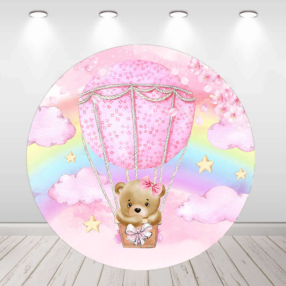 Rainbow Pink Cloud Bear Girls 1st Birthday Round Backdrop Cover