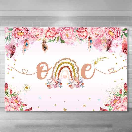 Festa sullo sfondo della decorazione della doccia per bambini della ragazza bohémien del fiore rosa dell'arcobaleno
