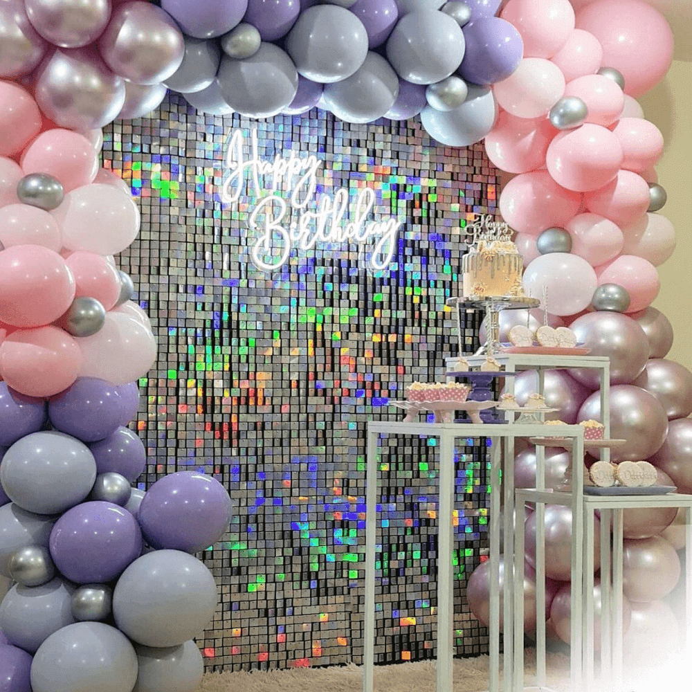 Rainbow Silver Sequin Wall Shimmer Flower Party Wedding Celebration Decor Backdrop