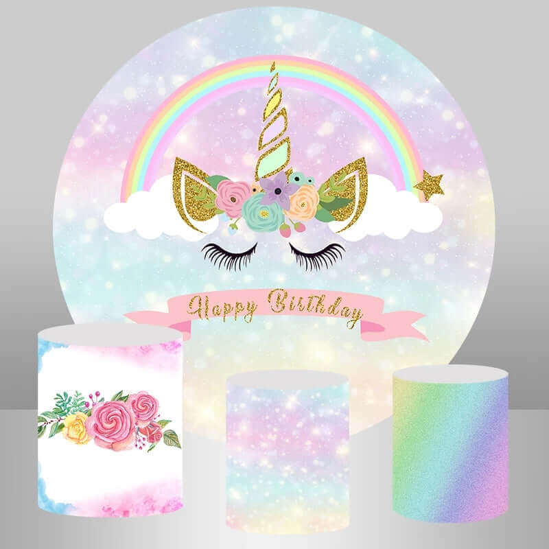Rainbow Unicorn Happy Birthday Round Backdrop