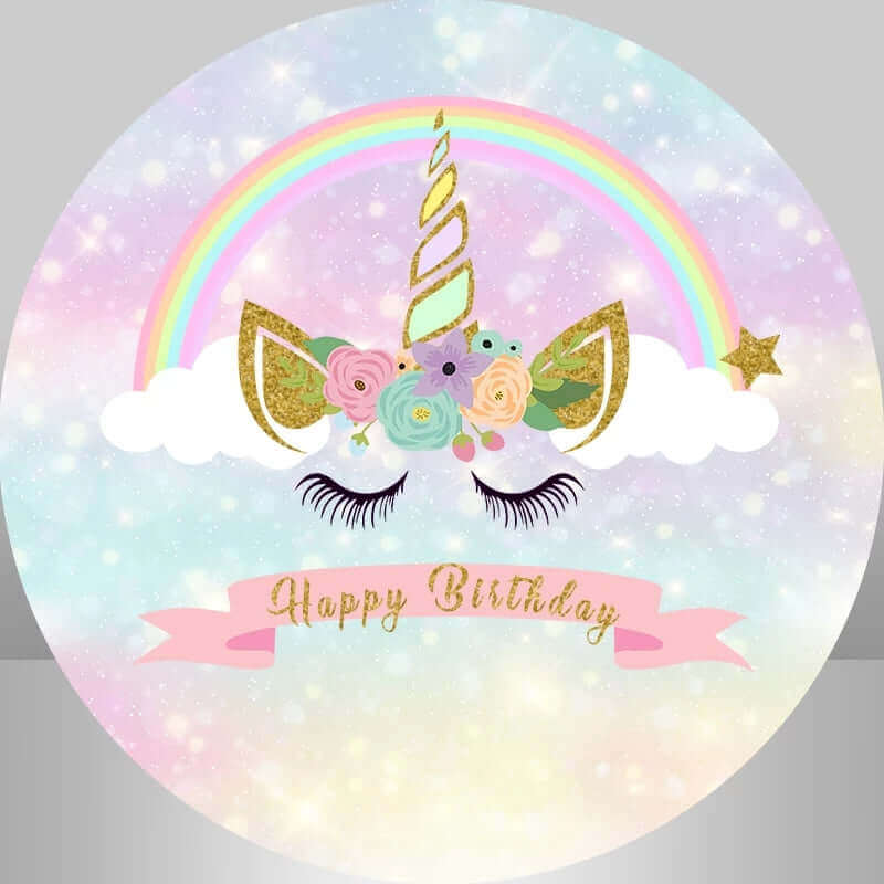 Rainbow Unicorn Happy Birthday Round Backdrop Party